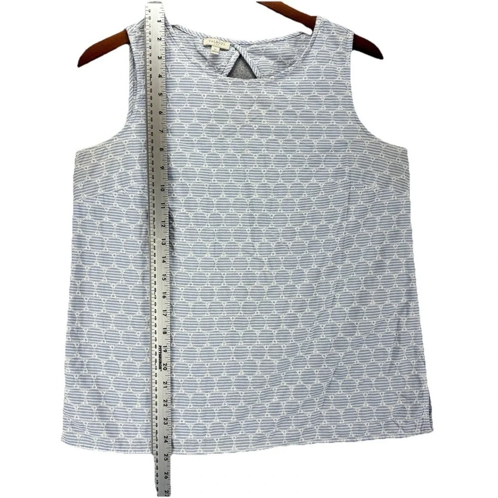 Talbots Medium Blue White Embroidered Stripe Sleeveless Tank Top Keyhole Cotton - Picture 9 of 10